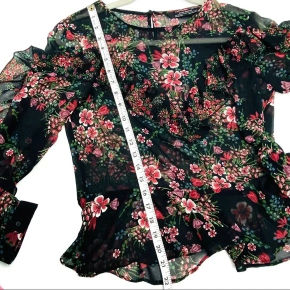 Zara Women Sheer Floral Long Sleeve Ruffled Layered Pink Black Cuffed Blouse SzM - Picture 14 of 15